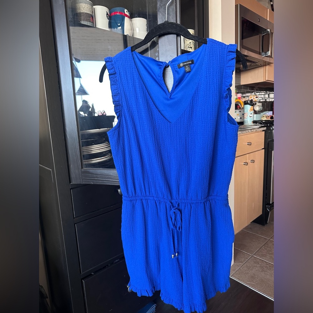 NWOT Versona Royal Blue Ruffle Sleeveless Romper with drawstring S